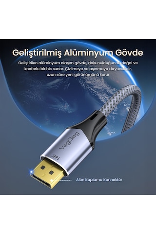 Veggieg Displayport 16k 60hz 8k 240hz 4k 240hz 80 Gbps Hdr Arc Örgülü Dp 2.1 Kablo 1.5 Metre