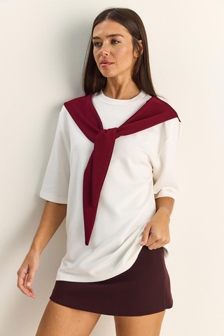 Shade Kadın Şal Detaylı Oversize Basic T-shirt 1094 60286118 - Beyaz-bordo Çok Renkli