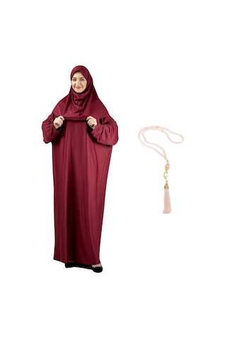 Modish Group Zarif Namaz Elbisesi Ve Türban Tesbih Set Tesettür Şal Müslüman Kıyafetleri Abaya - Indigo Bordo
