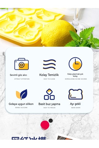 4'lü Ayıcıklı Silikon Buz Kalıbı Ev & Kafe İçin Sarı