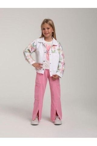 Kız Çocuk Tasarım Çiçekli Kot Ceket-15577 Beyaz