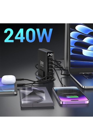 Juo 240W Gan PD 3.1 Masaüstü Hızlı Şarj Cihazı 4 Type-C + 2 Usb-A iPhone & Macbook & Laptop Uyumlu Şarj Aleti
