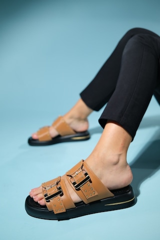 Luvishoes Zley Taba Şeffaf Tokalı Kadın Terlik Taba