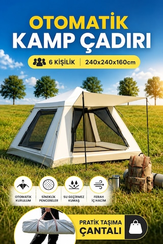 Kamp Çadır 6 Kişilik, 240x240x160cm Ebatlarında, Ac6637 Güneşlikli Su Geçirmez Otomatik Kamp Çadırı Yeşil