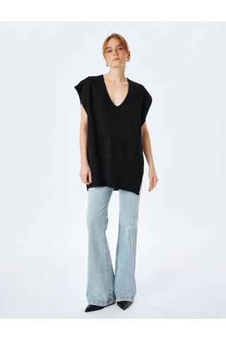 Koton Yanları Yırtmaçlı V Yaka Oversize Süveter Siyah 5wak20078ht Siyah
