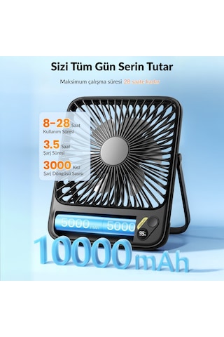 Warmco D3 10000mah Şarjlı Masaüstü Vantilatör Dijital Göstergeli Taşınabilir Powerbank Soğutucu Fan Siyah