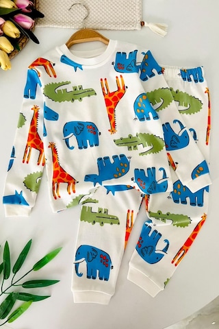 Minigimin Cicileri Hayvan Figür Baskılı Pamuklu Erkek Çocuk Pijama Takımı - Ekru