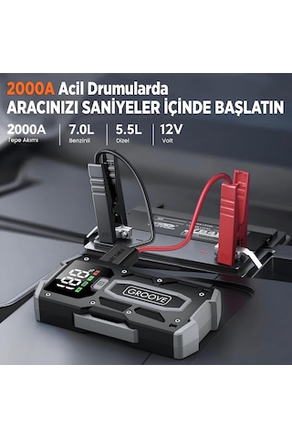 Groove M01 15800mah 2000a Akü Takviye Cihazı Taşınabilir Jump Starter Powerbank+Led Lamba+Lcd Ekran