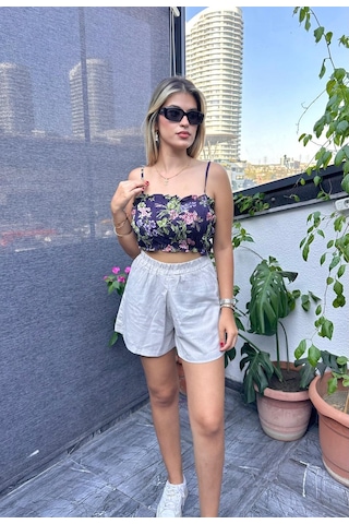 Desenli Crop Top ,kadın Bluz , Büstiyer , Pamuklu Crop Bluz Lacivert