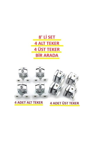 Teker 8 Li Set Duşakabin Tekerleği Alt Üst Cam Kabin Rulman Makara 24 Mm Krom Beyaz - Şeffaf