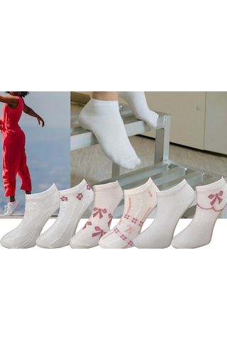 Silk Step 6'lı Paket Kadın Bilek Patik Çorap , Beyaz Zemin Üzerine 6 Farklı Desen Teması. Beyaz