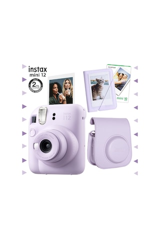 Fujifilm Instax Mini 12 Fotoğraf Makinesi + 10'lu Film + Mini Albüm + Deri Kılıf Seti Lila