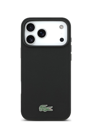 Apple Uyumlu iPhone 17 Pro Max Kılıf Lacoste Lisanslı M-safeli Pu Pike Desenli Metal Logo Kartlıklı Kapak Siyah Siyah