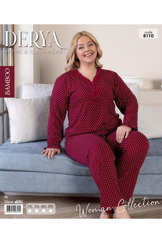 Derya Kadın Büyük Beden Dantel Yaka Bambu Uzun Kol İnce Pijama Takımı 8110b - 1 Adet Bordo