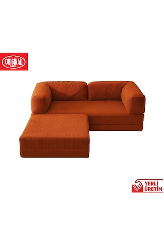 Herev 180x180 Cm 50 Dns Modüler Köşe Koltuk Fitilli Kadife Kumaş, Yatak Olabilen, Modern Tasarım Şark Köşe Turuncu