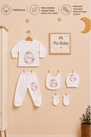 Pia Baby Kız Bebek 5'li Zıbın Seti %100 Pamuk İsimli Kişiye Özel Organik Baskılı 2091z0x Krem