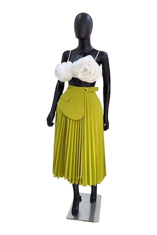 Kadınlar İçin Pileli Etekli Yüksek Bel Düzensiz Bağcıklı A Kesim Etek Yeşil