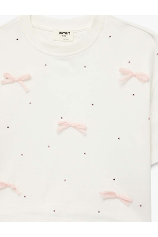 Koton Fiyonk Ve Taş Detaylı Ekru Kız Çocuk T-shirt 6skg10192a Ekru