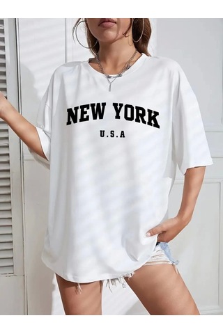 Efnaz Style New York Baskılı Oversize Bisiklet Yaka T-shirt - Beyaz