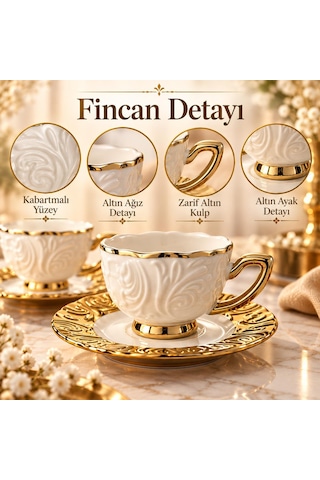 Valkyrie Hürrem Serisi 6 Kişilik 12 Parça Kahve Fincan Takımı 100ml Kabartmalı Altın Detaylı Set Beyaz Altın