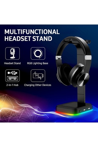 Pazly Rgb Bilgisayar Standı Kulaklık Tutucu, 2'li Hub, Usb Şarj, Çıkarılabilir Askılı, Oyuncu Kulaklık