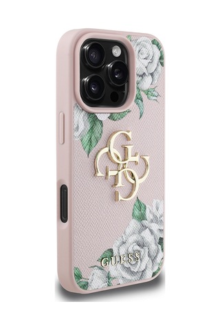 Apple Uyumlu iPhone 16 Pro Max Kılıf Guess Lisanslı Beyaz Gül Baskılı Büyük 4g Metal Logolu Kapak Pembe