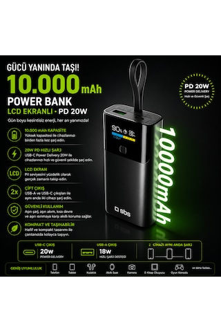 Sbs 10000 Mah Powerbank Dahili Usb-c Kablolu Lcd Ekranlı Pd 20w Hızlı Şarj Usb-a 22.5w Siyah 10.000 Mah