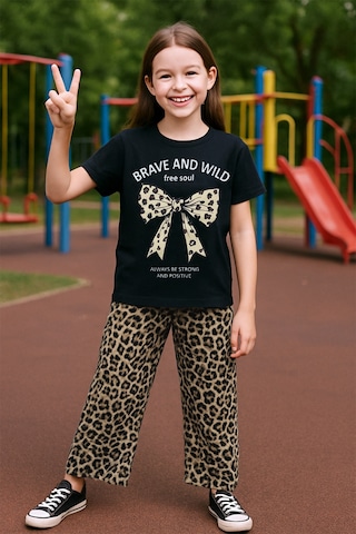 Kız Çocuk Yazlık İkili Takım Leopar Baskılı B46 Siyah
