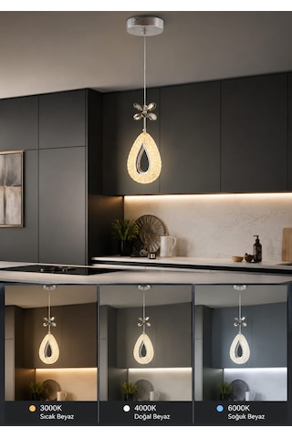 Yagmur Model Gold 3 Renk Modu Ledli Kristal Taşlı Modern Salon Mutfak Oturma Odası Led Avize Gümüş - Krom