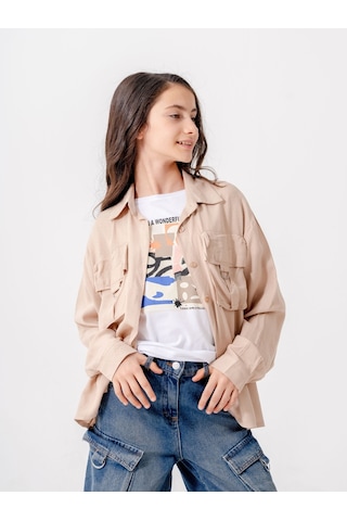 Giyicem Kız Çocuk D Tokalı Ceket T-shirt İkili Takım 1806 Bej