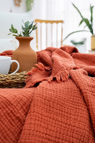 4 Katlı Müslin Yatak Örtüsü - Kiremit Renk Çift Kişilik Pike