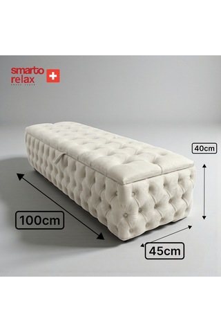 Smarto Relax Swiss Style Saas-fee Sandıklı Baby Face Puf, Kapitoneli Sandıklı, 100x45x45 Cm, Babyface Kaplama Dekoratif Puf Ekru