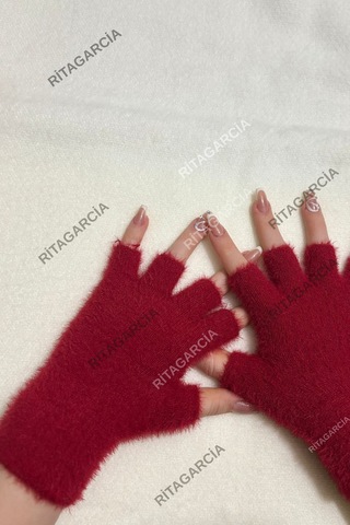 Peluş Kesik Parmak Eldiven Kırmızı