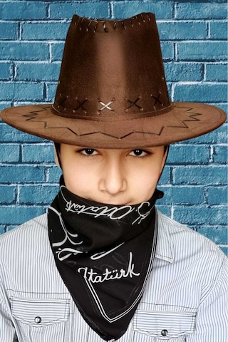 Uniquetrenders Çocuk Unisex Bandanalı Nubuk Kovboy Şapkası 8-14 Yaş Kahverengi 6