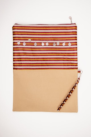 Fabric Craft Bag Katlanabilir Portföy Çanta Etnik Desenli, İçi Astarlı, Bilek Askılı 34x43 Cm Açık Kahverengi