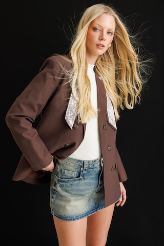 Mixray 4809 Kadın Fular Detaylı Keten Blazer Ceket Kahve