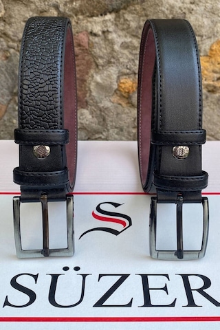 Süzer Deri 2'li Set X 3 Cm Klasik Suni Deri Erkek Çocuk Kemeri Siyah Siyah