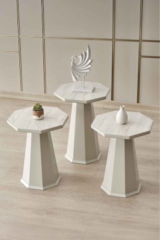 Elegance 3'lü Sehpa,yan Sehpa,zigon Sehpa - Kumtaşı Açık Bej & Traverten Desenli Tabla Kumtaşı Açık Bej Gövde & Traverten Desenli Tabla