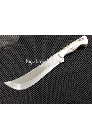 Büyük Av Kamp Bıçağı 34 CM 4mm 4134 Çelik Geyik Boynuzu Kahverengi - Gümüş