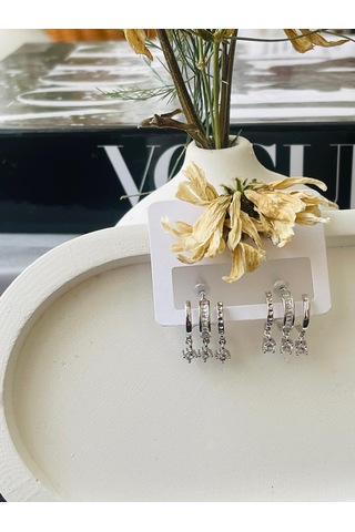 Zirkon Taşlı Yarım Halka Model Çelik Küpe Gümüş