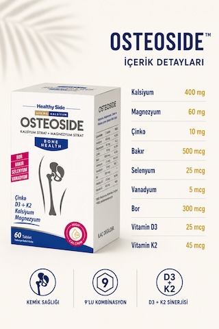 Osteoside Kalsiyum, Magnezyum, Çinko Ve D3&k2 İçeren 60 Tablet Takviye Edici Gıda