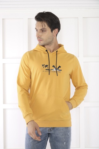 Escetic Spor Erkek Hardal Cepli, Kapüşonlu Sweatshirt-4172