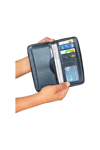 Premium Serisi Lüks Deri Özel Üretim Dikey Telefon Bölmeli Fermuarlı Erkek Cüzdanı Lacivert
