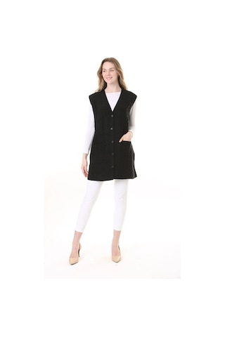 Fresh & Moda Kadın Yün Kışlık Anne Uzun Triko Yelek Lacivert