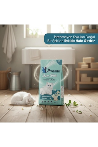 Süper Beyaz Doğal Bentonit Topaklanan Kedi Kumu Marsilya Sabunu Kokulu 5 Lt