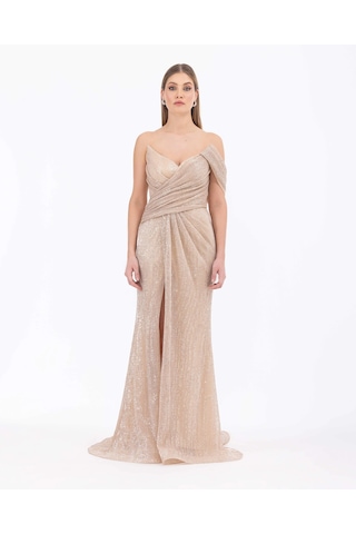 Büzgülü Kırlangıç Yakalı Pul Detaylı Abiye-gold Gold