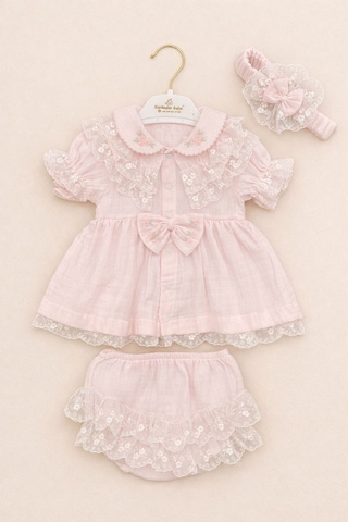 Kardeşler Bebe Dantel Detaylı Fiyonklu Kız Bebek Takım 3 Parça Yazlık Pamuklu Elbise Şort & Bandana Pembe