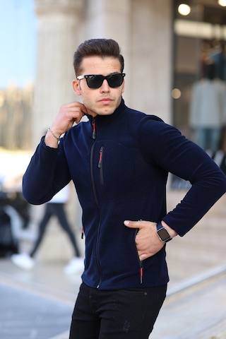 Kozik Lacivert Standart Kalıp Tam Fermuarlı 3 Çepli Erkek Polar Lacivert