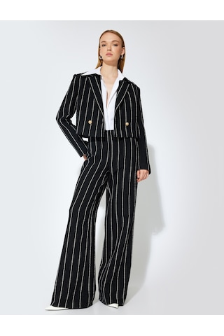 Koton Koton X Sibil Çetinkaya - Geniş Paça Pantolon Bol Kalıp Siyah Çizgili 5wak40076ew Siyah Çizgili Siyah