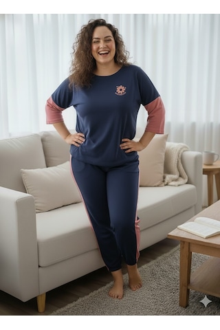 Kadın Lacivert Büyük Beden Pijama Takımı Pembe